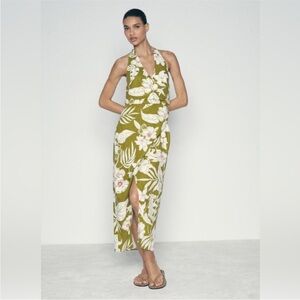 Zara linen blend floral print v-neck halter half wrap midi summer dress sz.XS